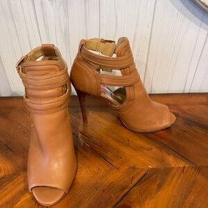 Michael Kors Blaze Leather Open-Toe Bootie Acorn/Tan Women's 8